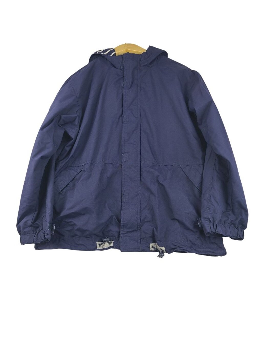 Hanna Andersson Navy Blue Hooded Rain Jacket Striped Liner Pockets Zip Up 160